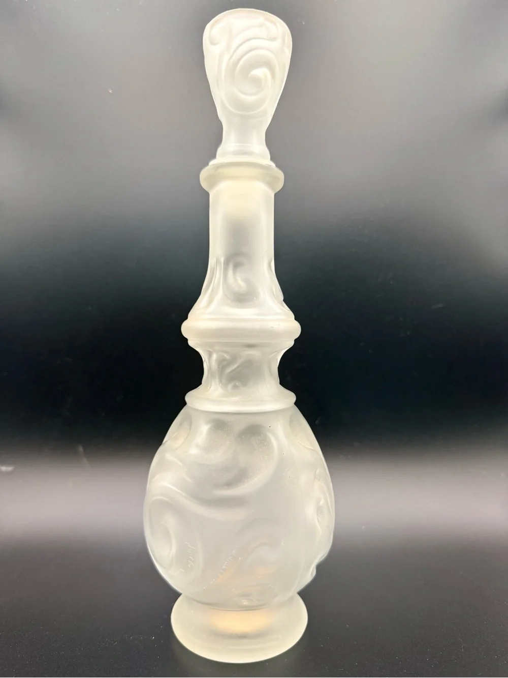 Merle Norman Frosted White Swirl Glass Decanter with Stopper